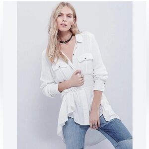 Free People One Of The Guys Long Sleeve Buttondown Top Ivory White Sz MED Boho